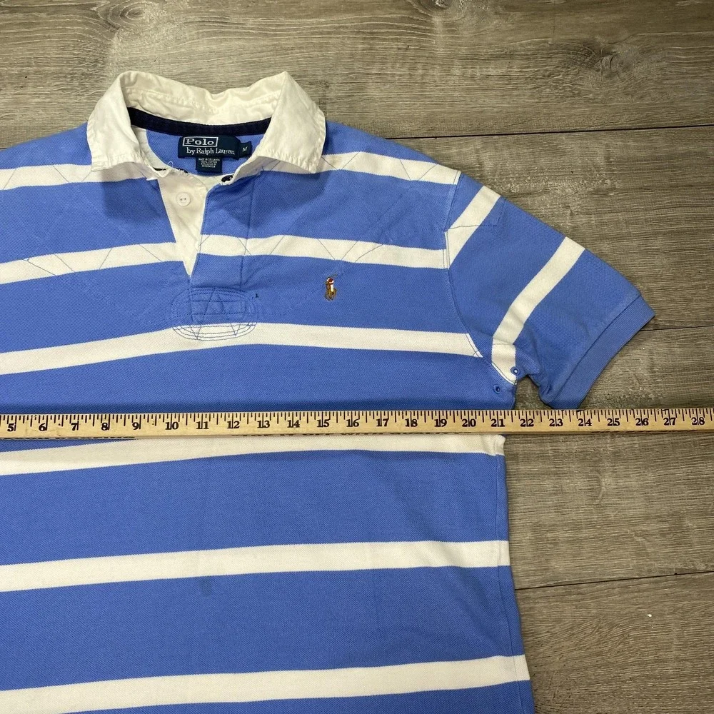 Polo Ralph Lauren Polo Shirt Mens Large Green Navy Striped Custom Fit Rugby Logo - Picture 11 of 16